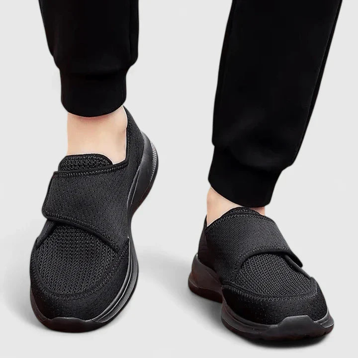 Black orthopedic Velcro slip-on shoes, textured knit upper, hook-and-loop strap