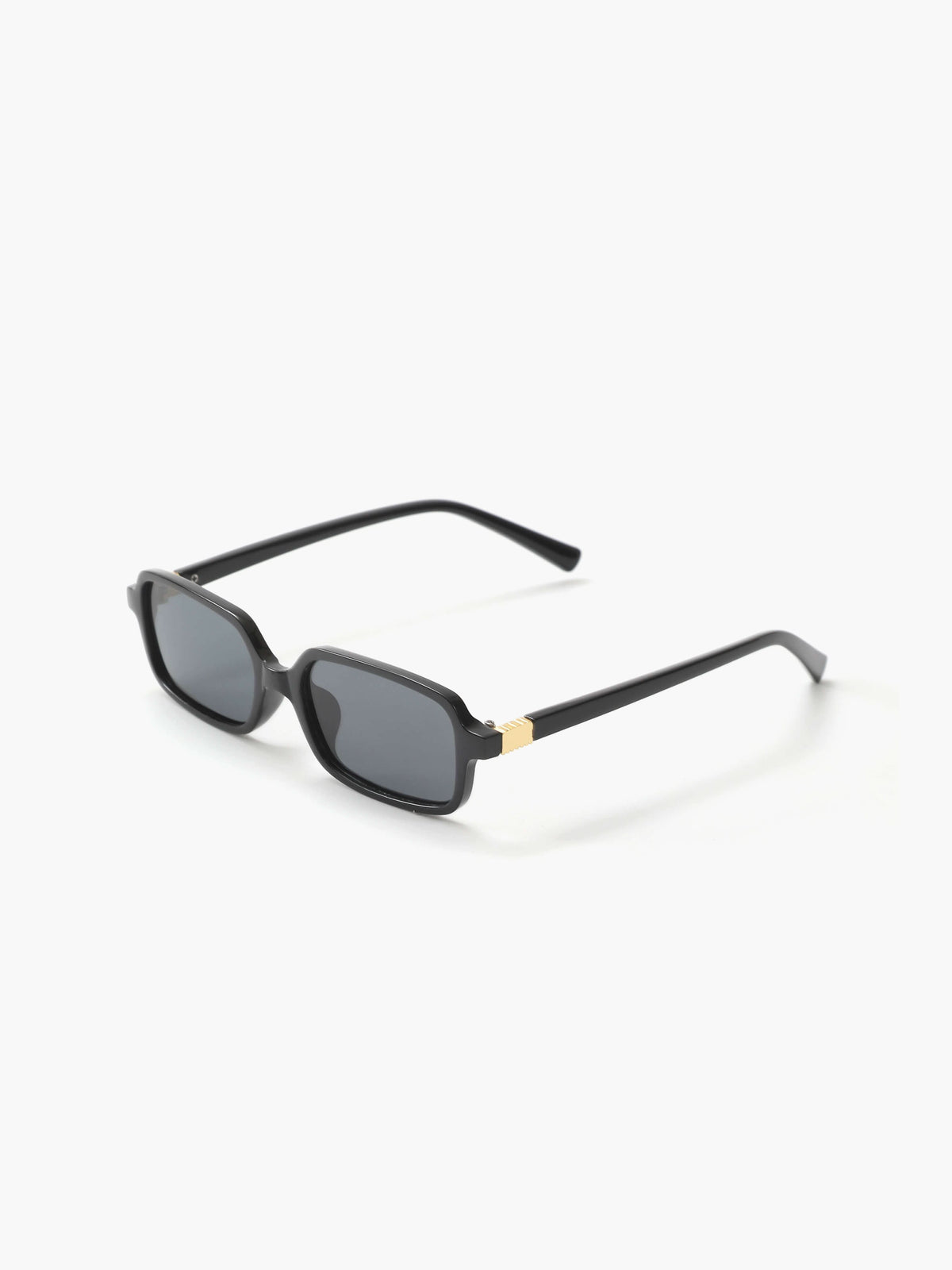 Black square sunglasses with dark lenses and slim curved temples