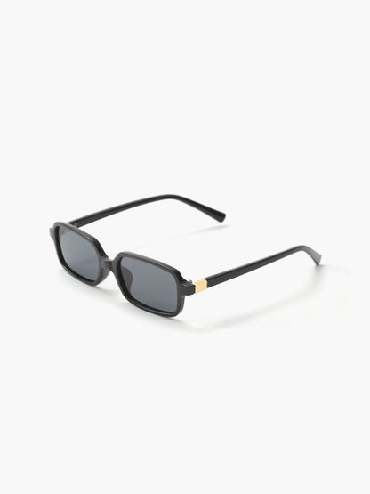 Black square sunglasses with dark lenses and slim curved temples