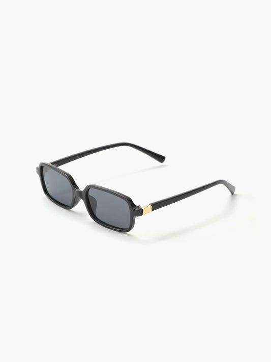Black square sunglasses with dark lenses and slim curved temples