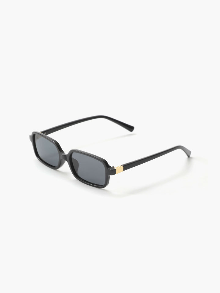 Black square sunglasses with dark lenses and slim curved temples
