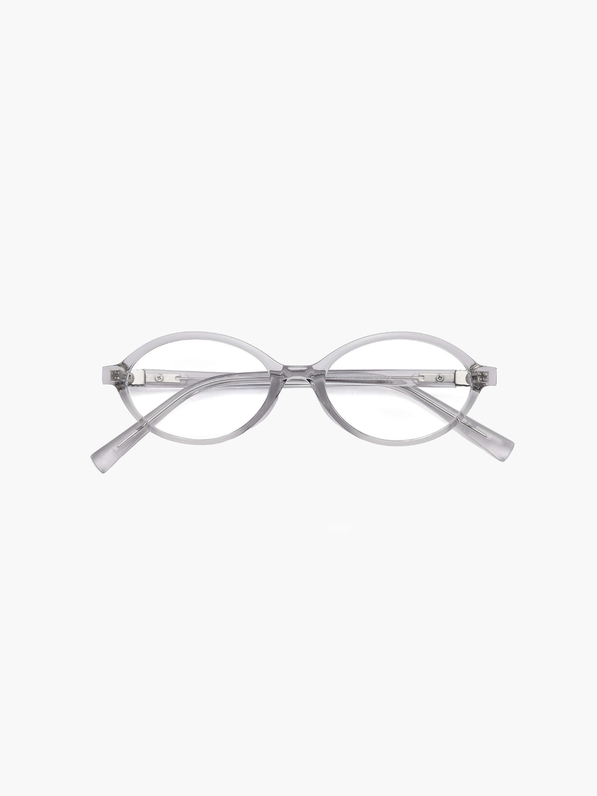Reading glasses with round light gray frames and clear slim temples