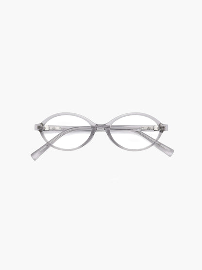 Reading glasses with round light gray frames and clear slim temples