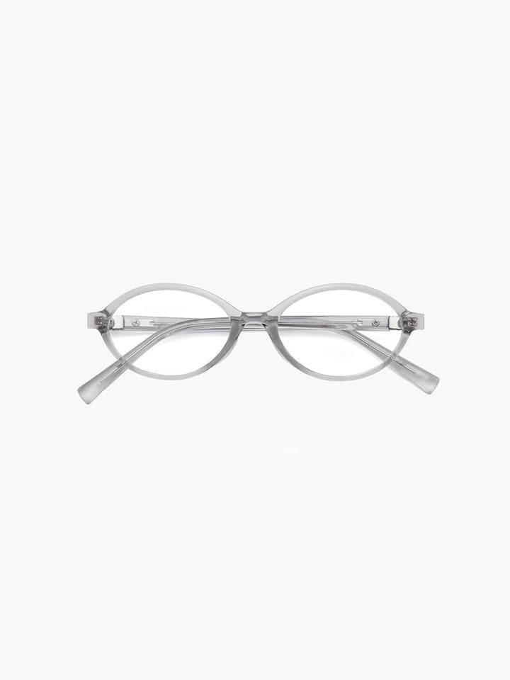 Reading glasses with round light gray frames and clear slim temples