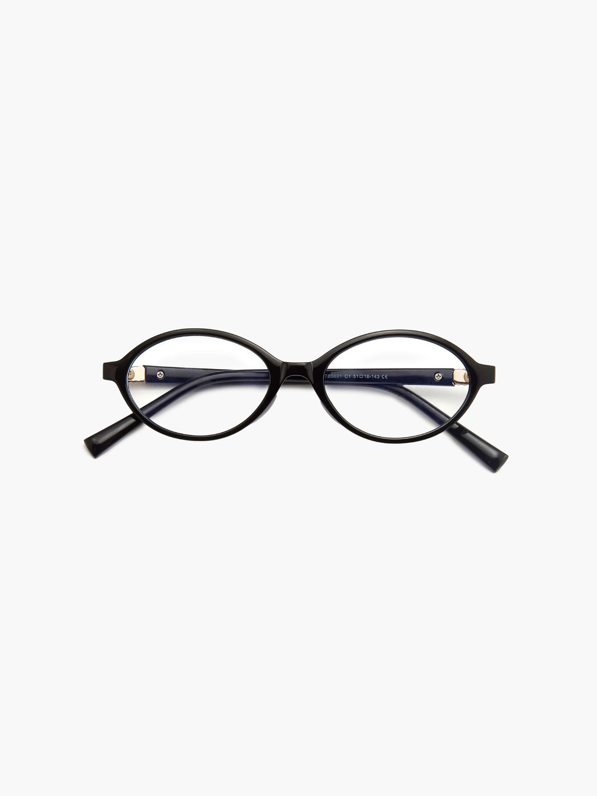 Reading glasses with black round frames and metal logo plates
