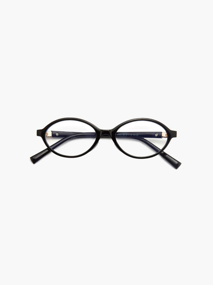 Reading glasses with black round frames and metal logo plates