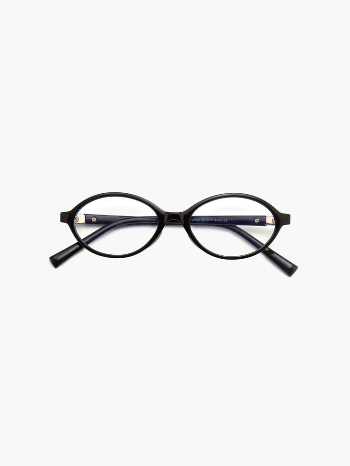Reading glasses with black round frames and metal logo plates