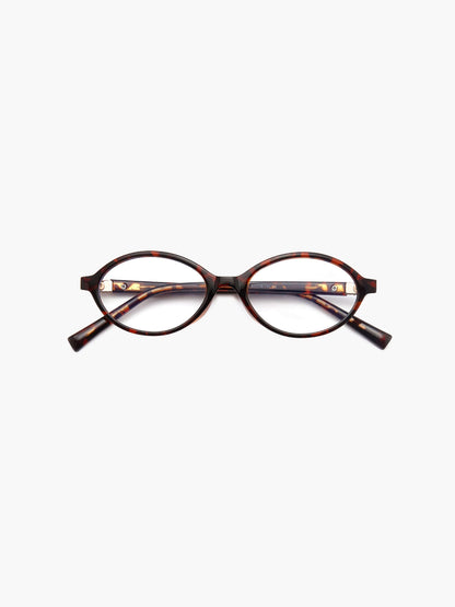Reading glasses with round frames and dark tortoise-brown arms