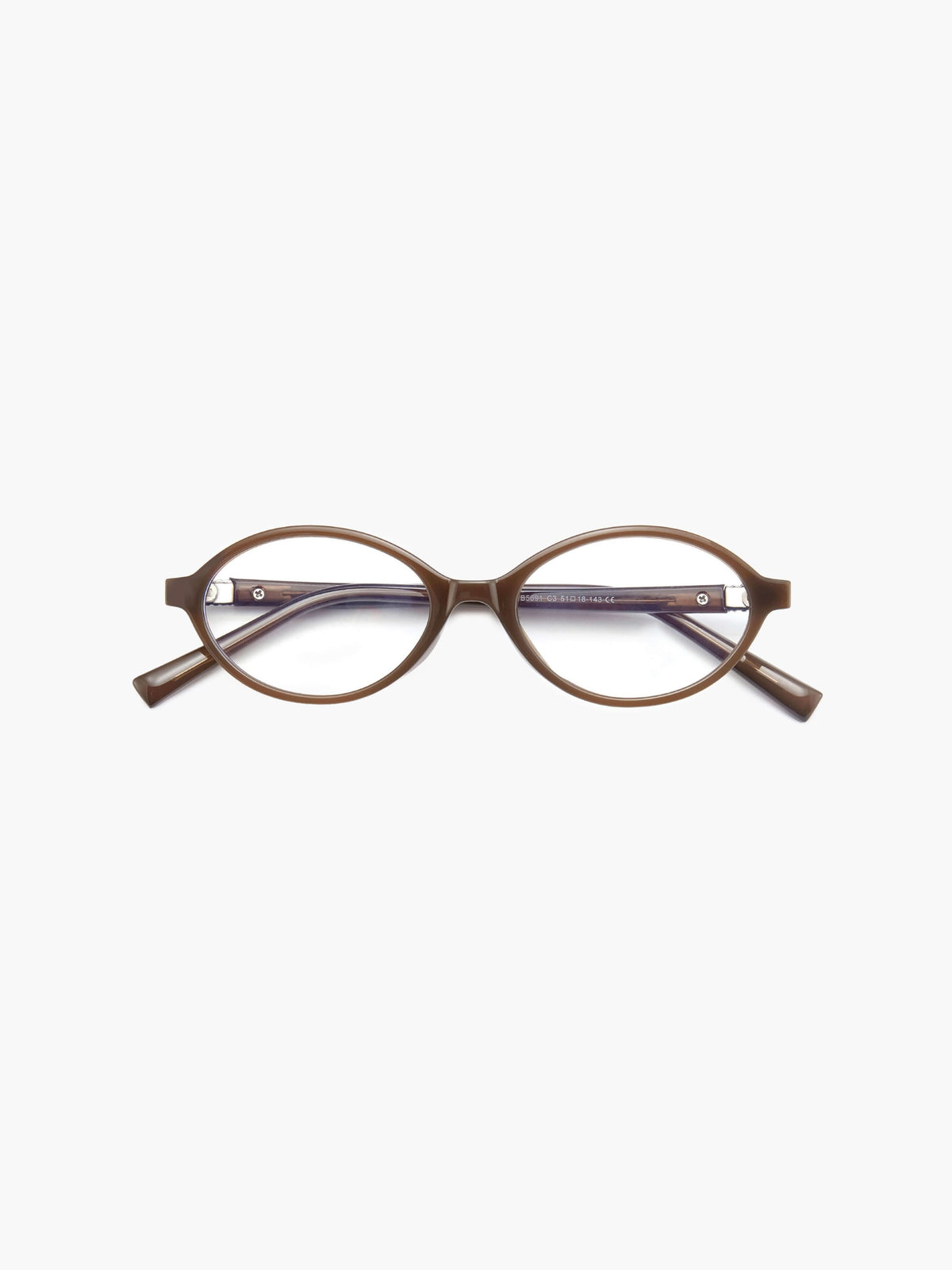 Brown round reading glasses with thin arms and small rhinestone detail