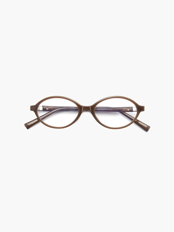 Brown round reading glasses with thin arms and small rhinestone detail