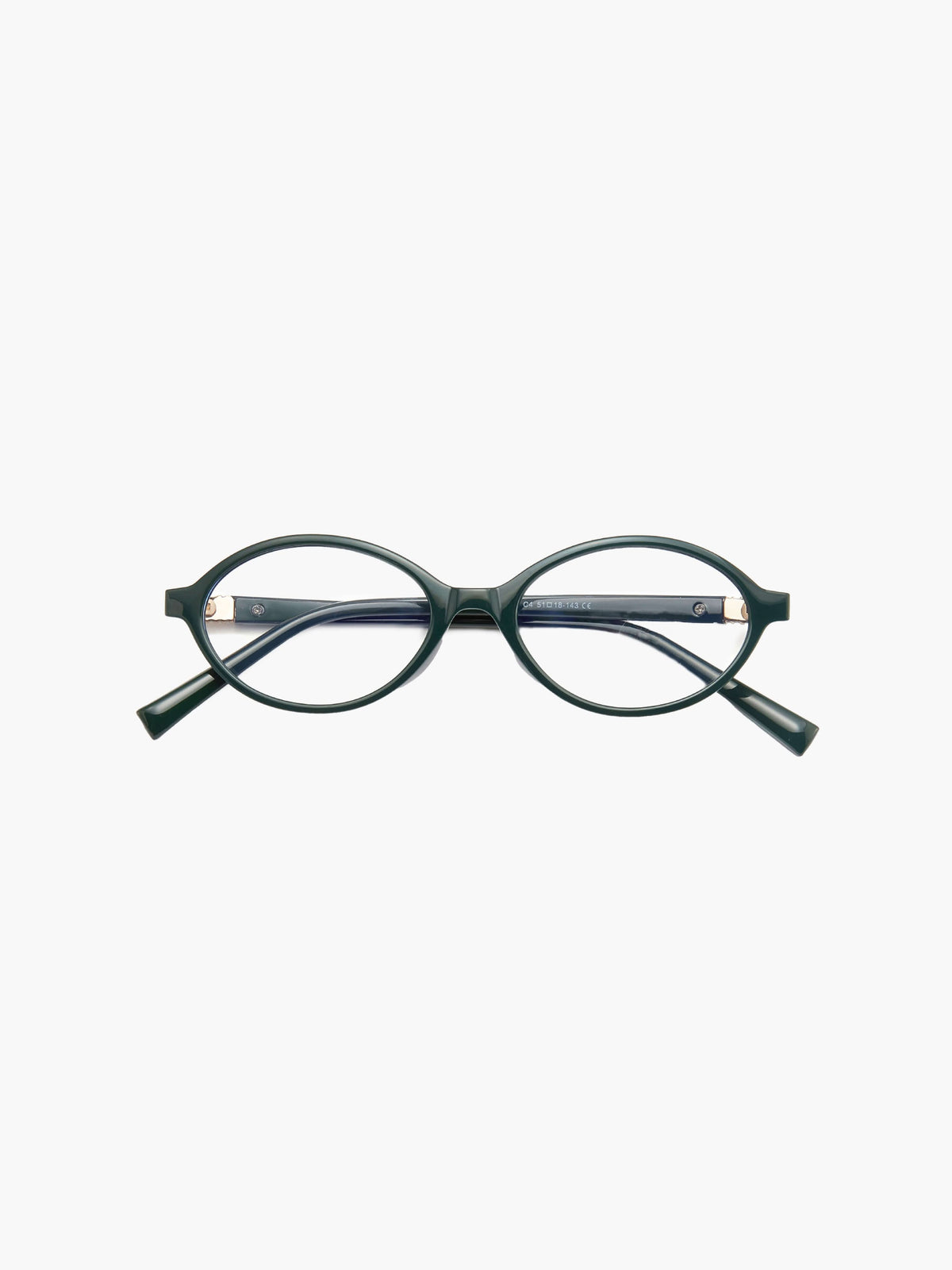 Reading glasses with round teal-green frames and angled dark tips