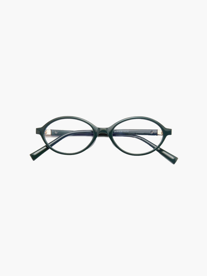Reading glasses with round teal-green frames and angled dark tips