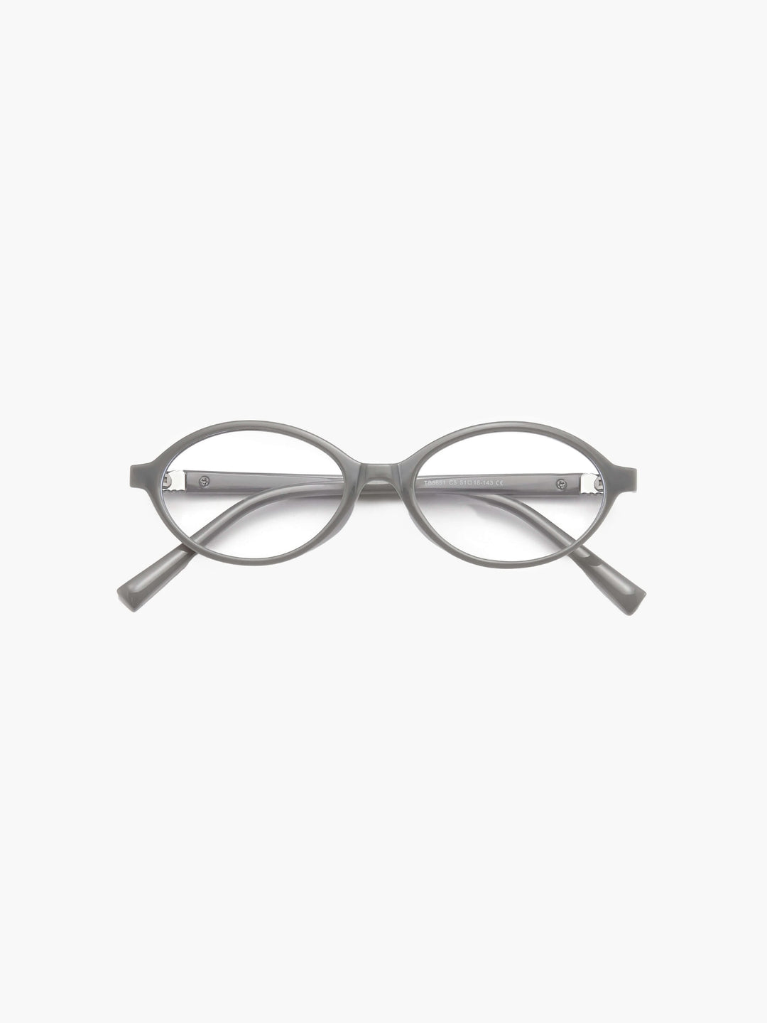 Gray round reading glasses with thin metal arms and small rhinestone detail