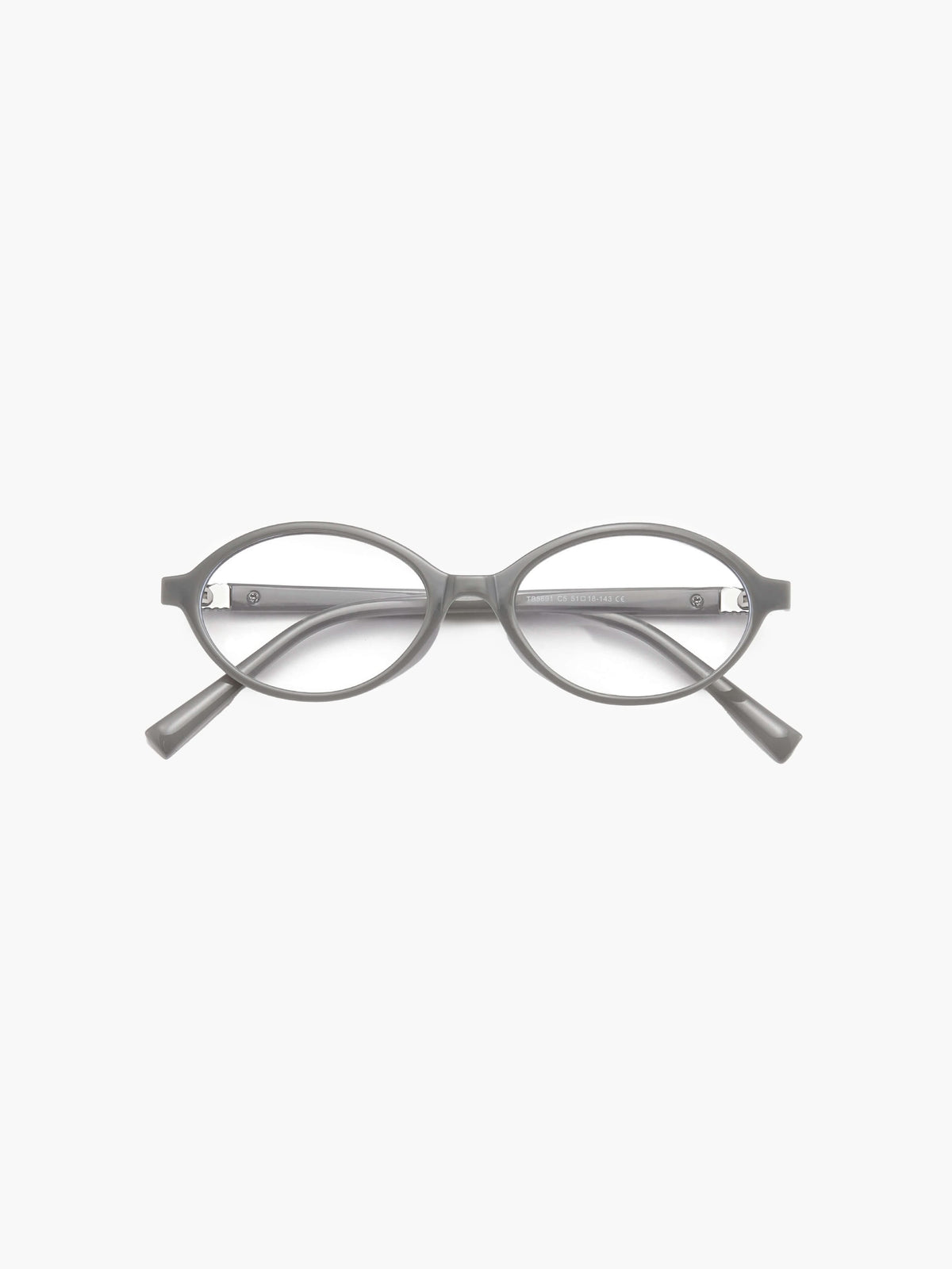 Gray round reading glasses with thin metal arms and small rhinestone detail