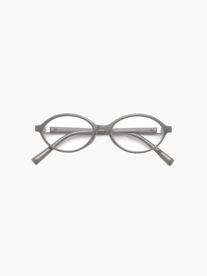 Gray round reading glasses with thin metal arms and small rhinestone detail