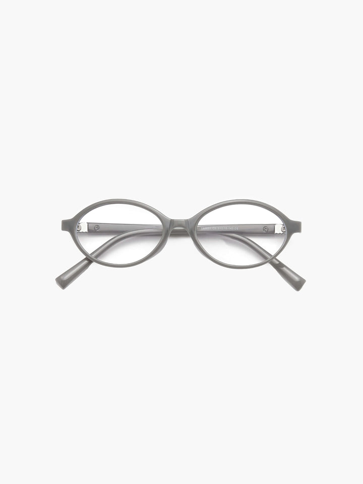 Gray round reading glasses with thin metal arms and small rhinestone detail