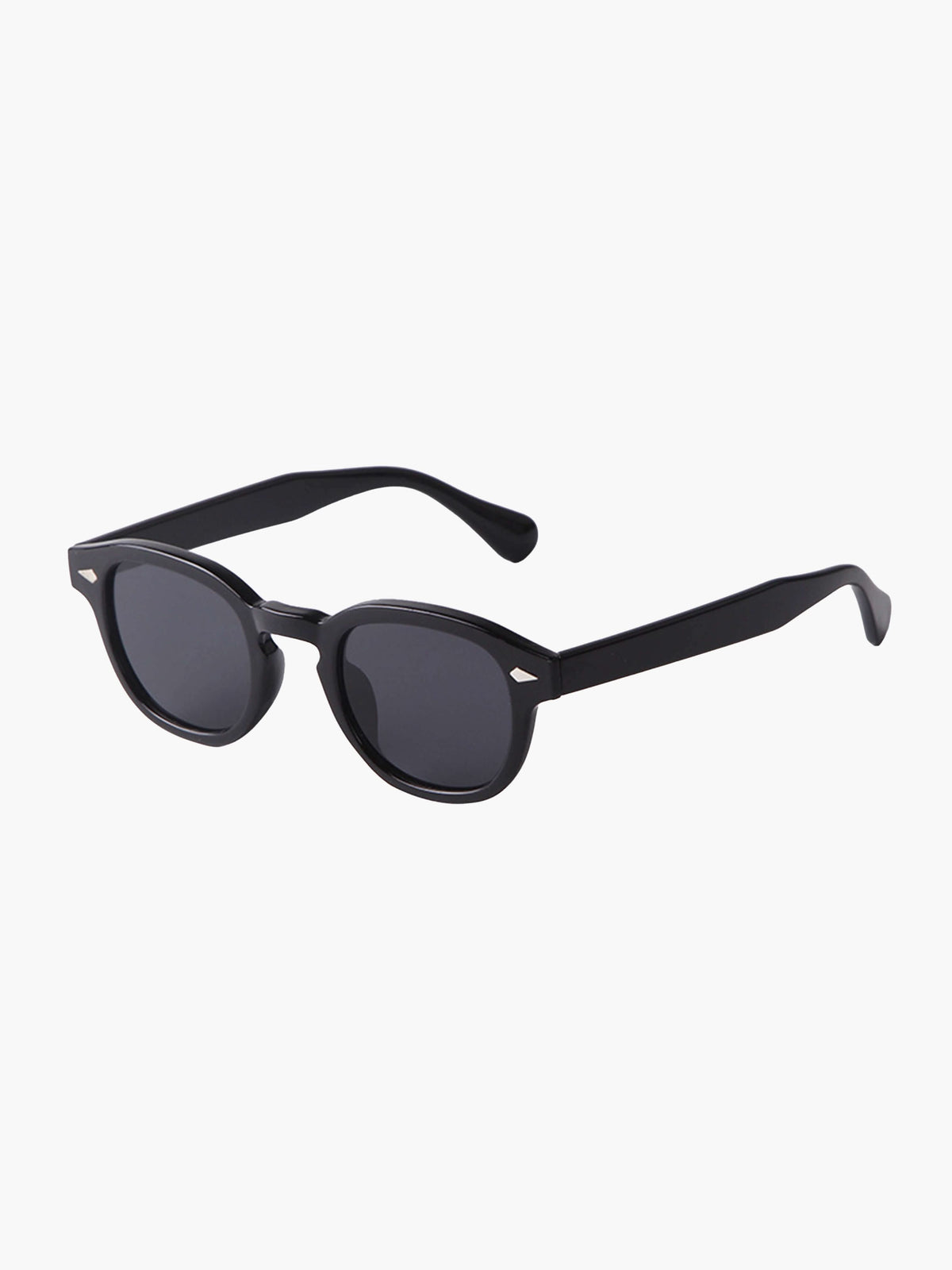Black sunglasses with dark gray tinted lenses and curved top arms
