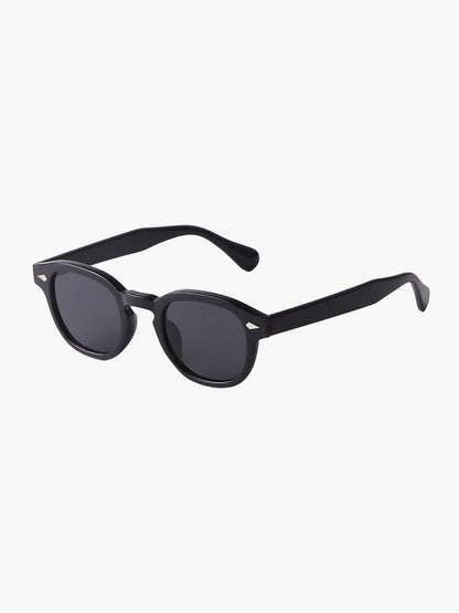 Black sunglasses with dark gray tinted lenses and curved top arms