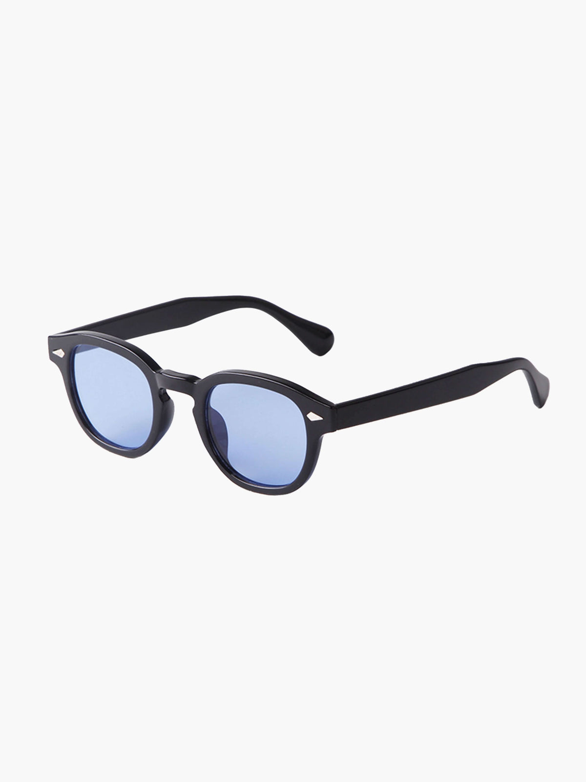 Black sunglasses with light blue tinted lenses and angled top arms