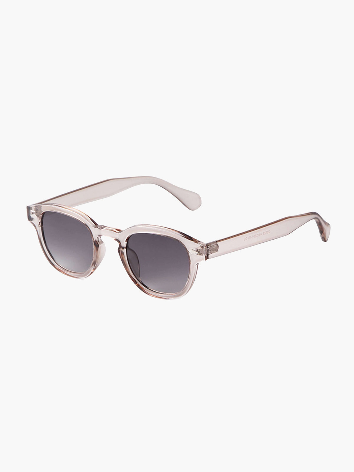 Clear rose-tone sunglasses with dark purple tinted lenses and curved top arms