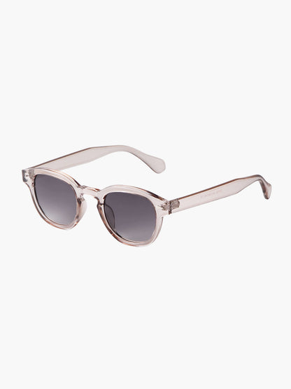 Clear rose-tone sunglasses with dark purple tinted lenses and curved top arms