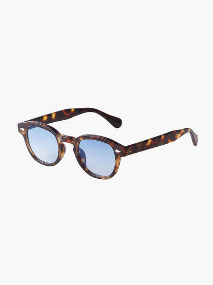 Tortoiseshell sunglasses with light blue tinted lenses and slim dark arms