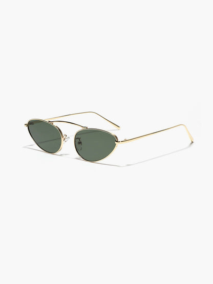 Gold-tone cat-eye sunglasses with green-tinted lenses and slim temples