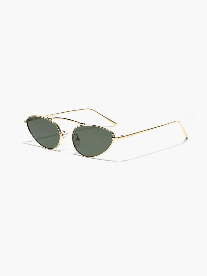 Gold-tone cat-eye sunglasses with green-tinted lenses and slim temples