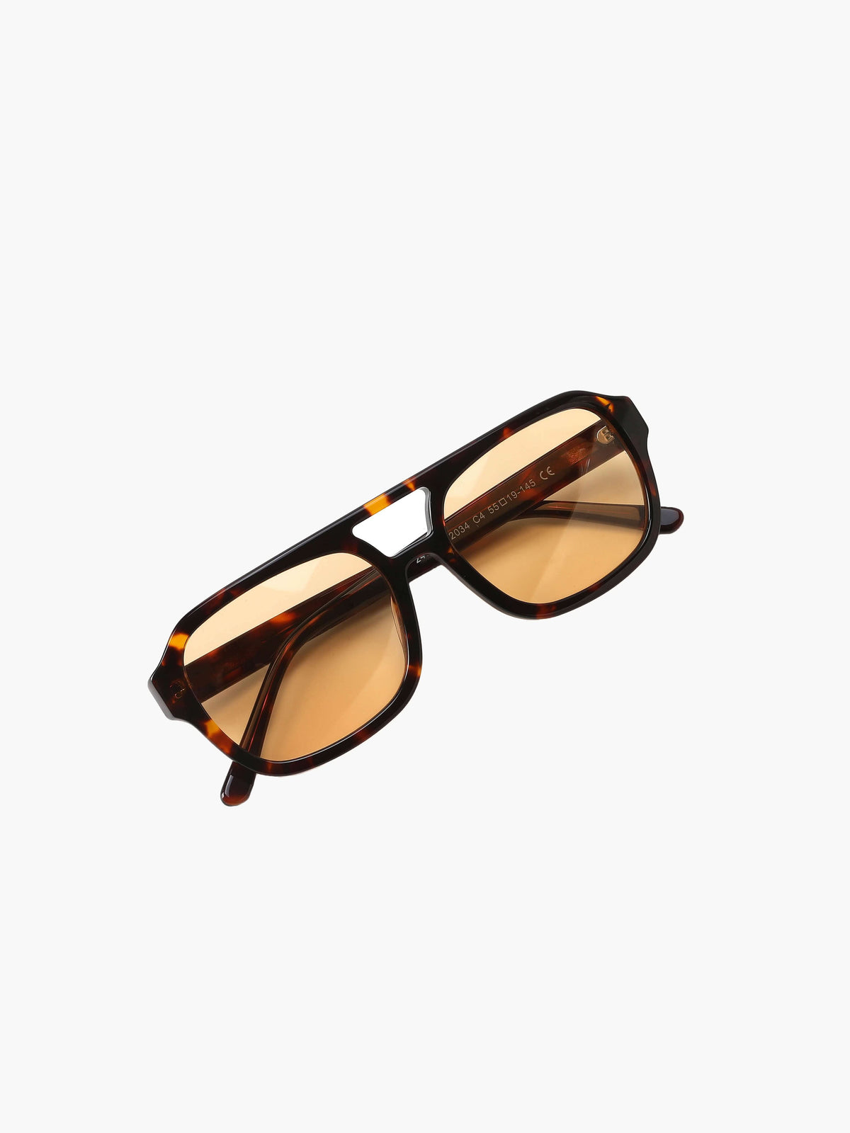 Black-accent tortoiseshell sunglasses with amber-tinted lenses and rectangular frames