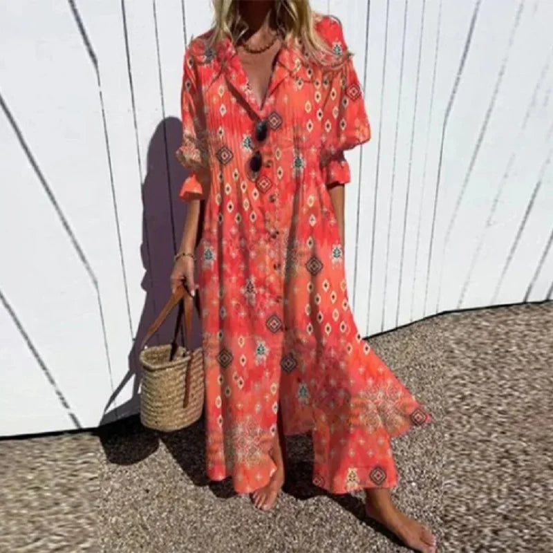Boho puff-sleeve maxi dress with V-neck, red geometric and floral print