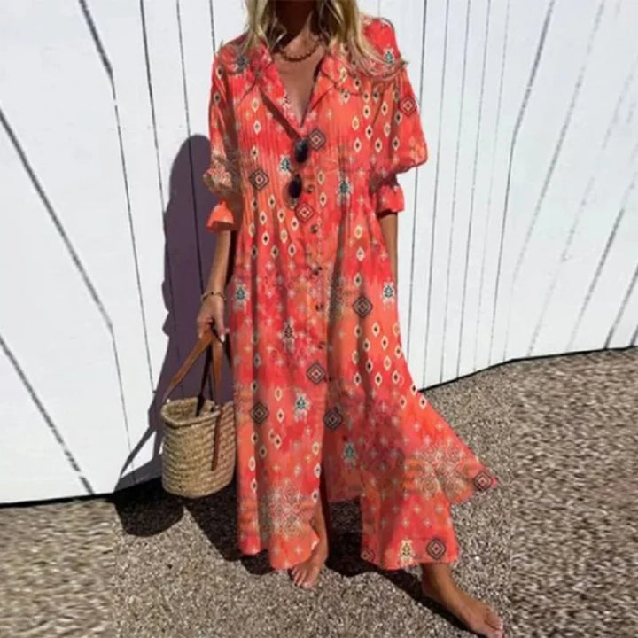 Boho puff-sleeve maxi dress with V-neck, red geometric and floral print