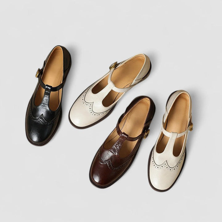 Orthopedic Mary Jane shoes in black, cream, and brown, with strap and buckle