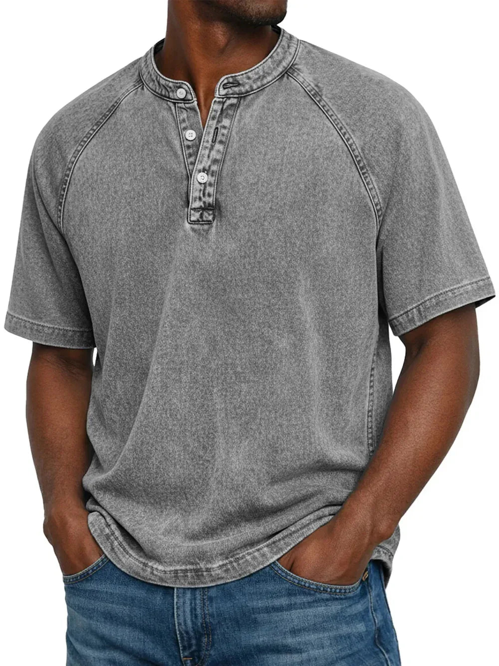 Men's vintage button t-shirt, gray henley placket with two buttons