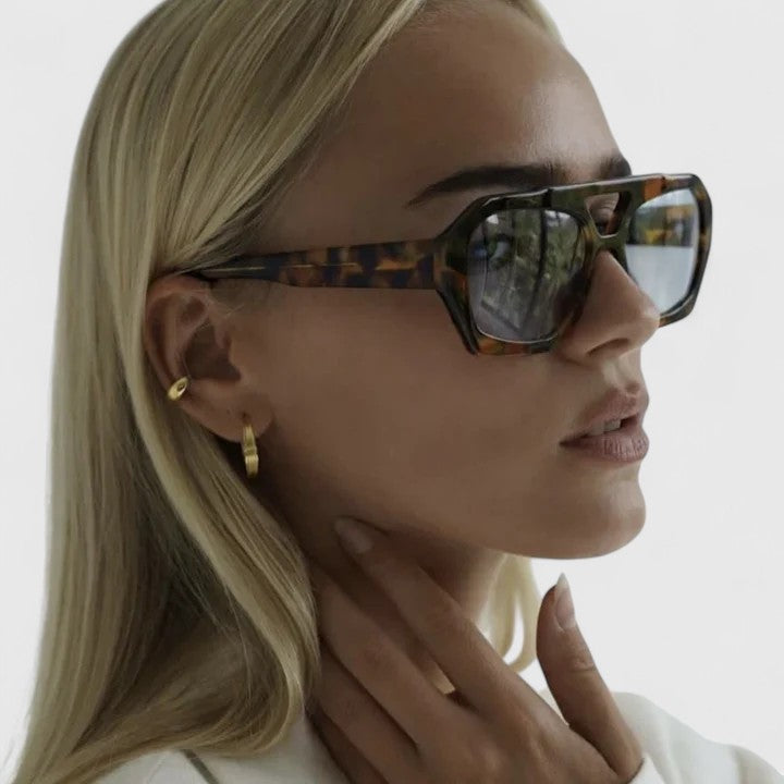 Sunglasses worn by a blonde model with tortoise square frames