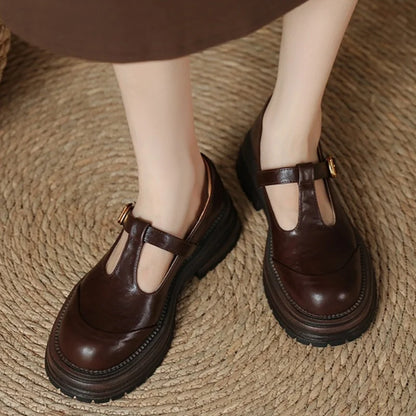 Pair of brown T-bar shoes with cutout strap and gold buckle on chunky sole