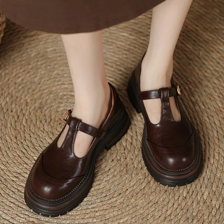 Pair of brown T-bar shoes with cutout strap and gold buckle on chunky sole
