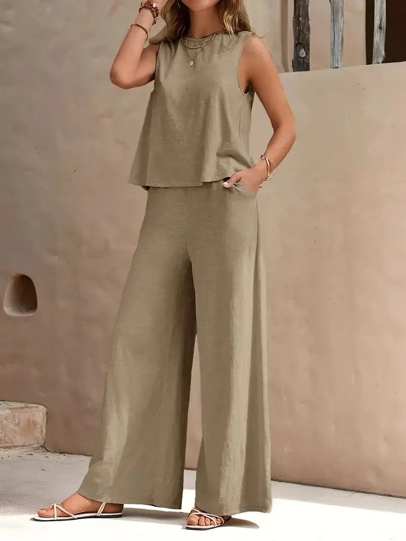 Khaki sleeveless top and wide-leg pants two-piece set