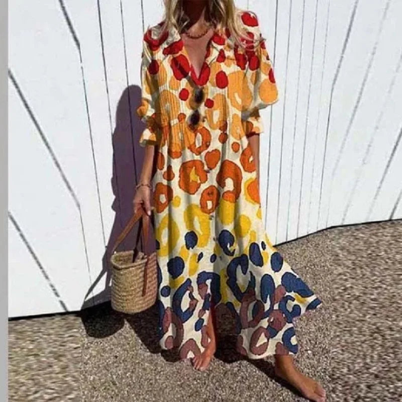 Boho puff-sleeve maxi dress with V-neck, yellow and red leopard-style pattern