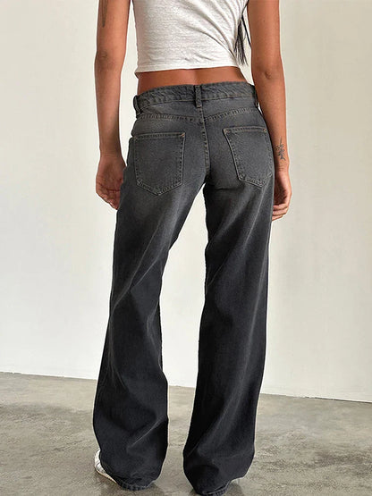 Dark gray washed baggy jeans showing side view, front pockets, and wide straight leg opening.