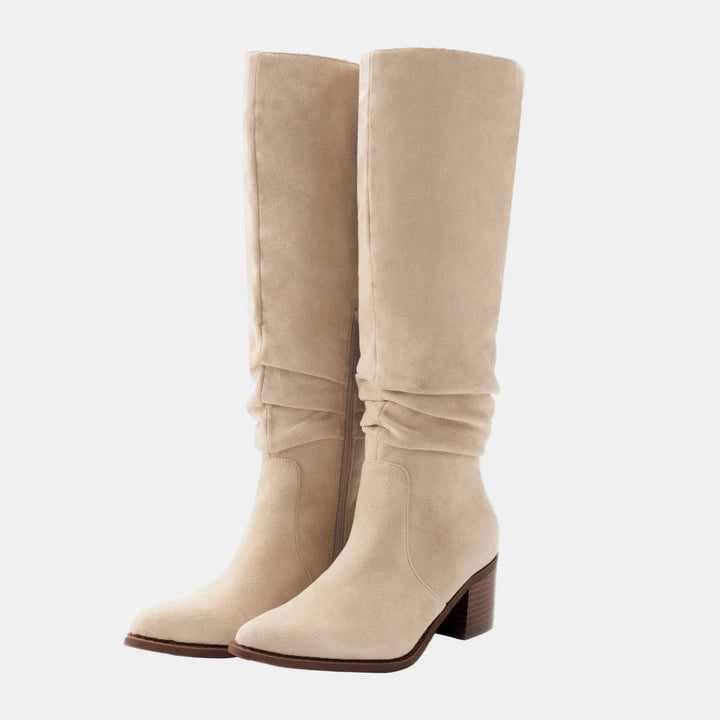 Light suede knee-high boots with ruched shaft, side zip, and block heel