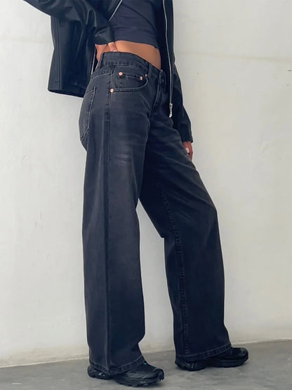 Washed dark baggy jeans with front button closure and five-pocket styling