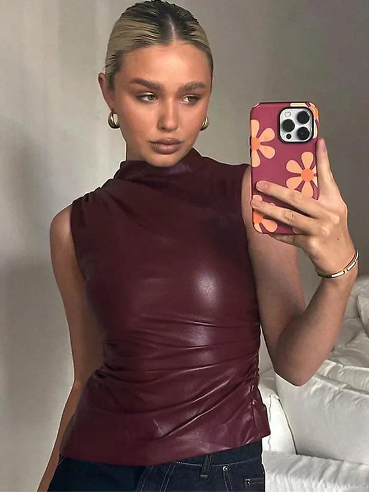 Women’s sleek faux leather top, sleeveless burgundy with high neckline