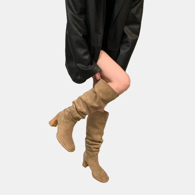 Khaki suede pointed-toe block-heel knee-high boots, side/back view