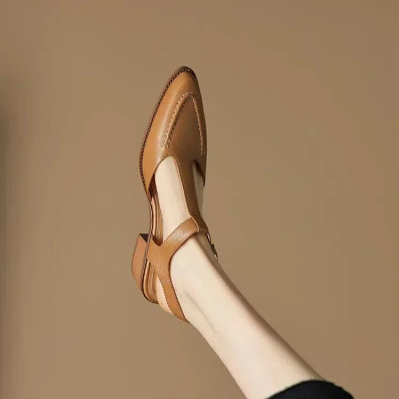 Tan buckle shoes with Mary-jane style strap, stitched toe, low block heel