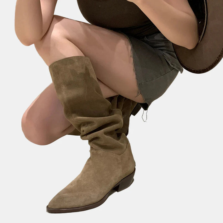 Thea suede retro autumn boots, khaki, slouch shaft and pointed toe