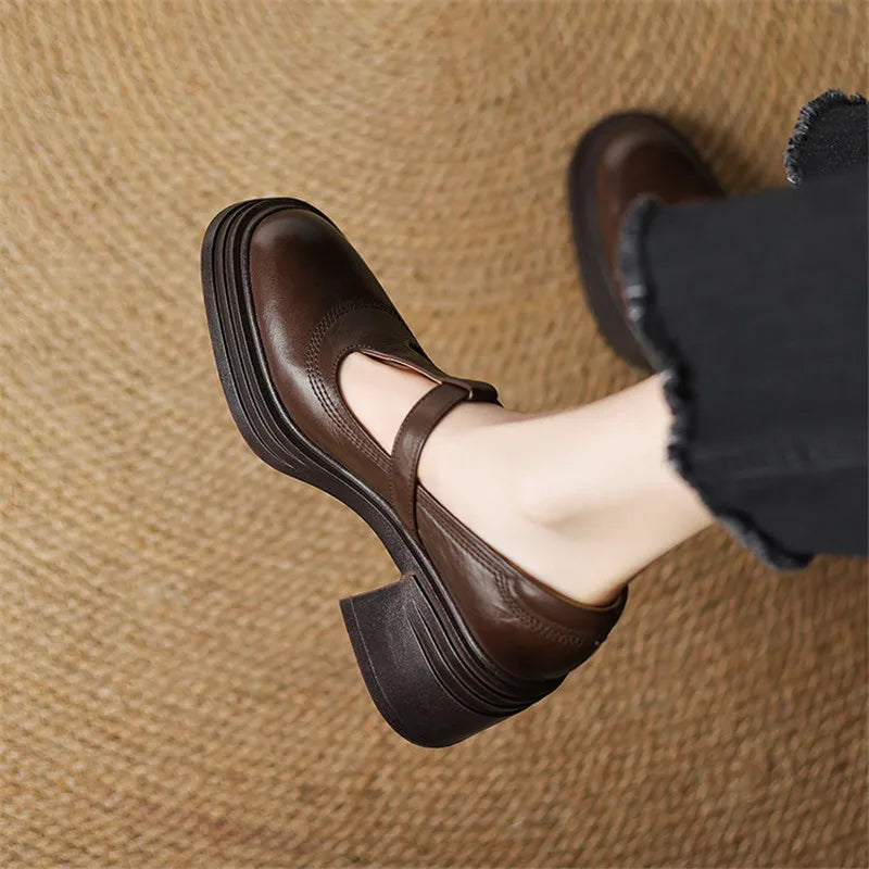 Brown chunky Mary Jane pumps with buckle ankle strap and thick stacked sole
