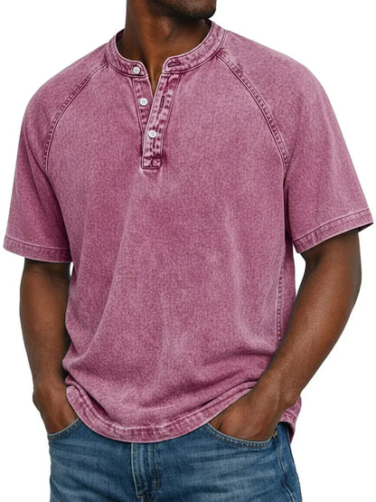 Men's vintage buttoned T-shirt, pink henley neckline with visible button placket