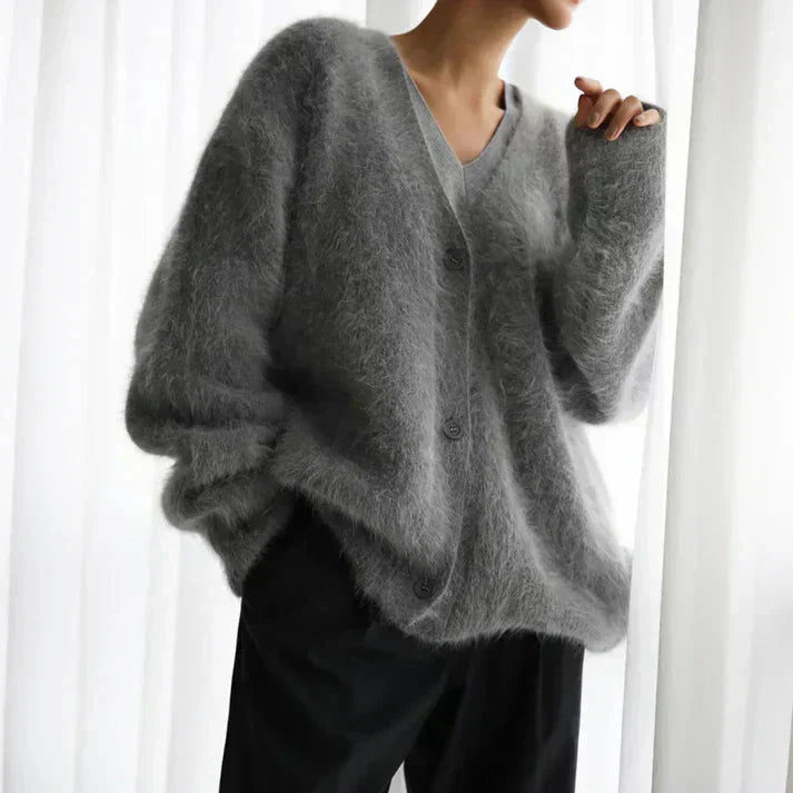 ADELE™ fuzzy mohair cardigan in gray, button-front V-neck, fluffy texture