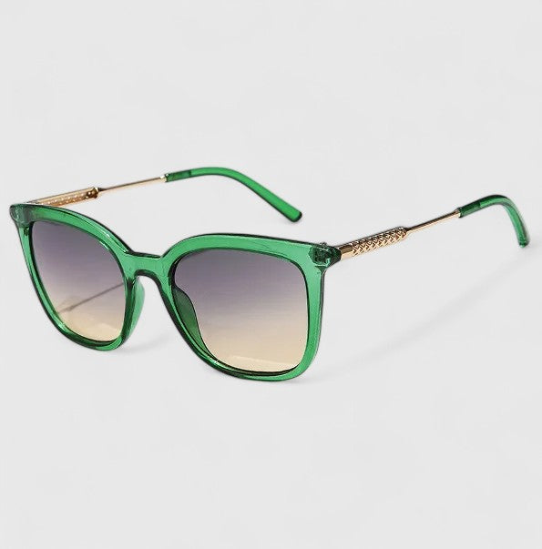 Square sunglasses with green frame and dark gradient lenses