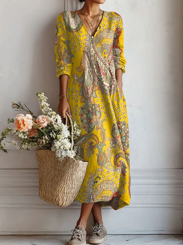 Everyday Comfort Dress in yellow paisley print, V-neck, long sleeves, midi length